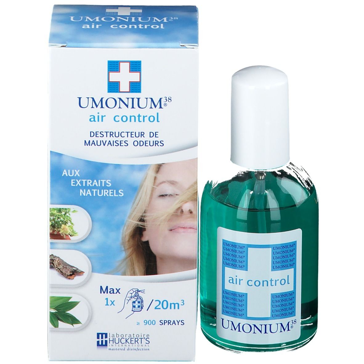 Fles met groene vloeistof en witte dop naast een verpakking. Verpakking met tekst: UMONIUM® air control.