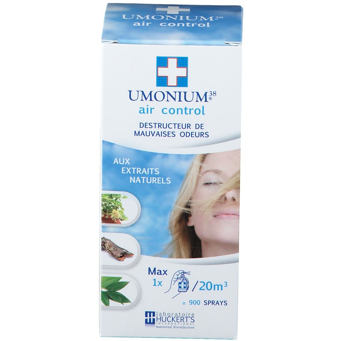 Verpakking met tekst: UMONIUM® air control. Afbeelding van een vrouw en illustraties van planten.