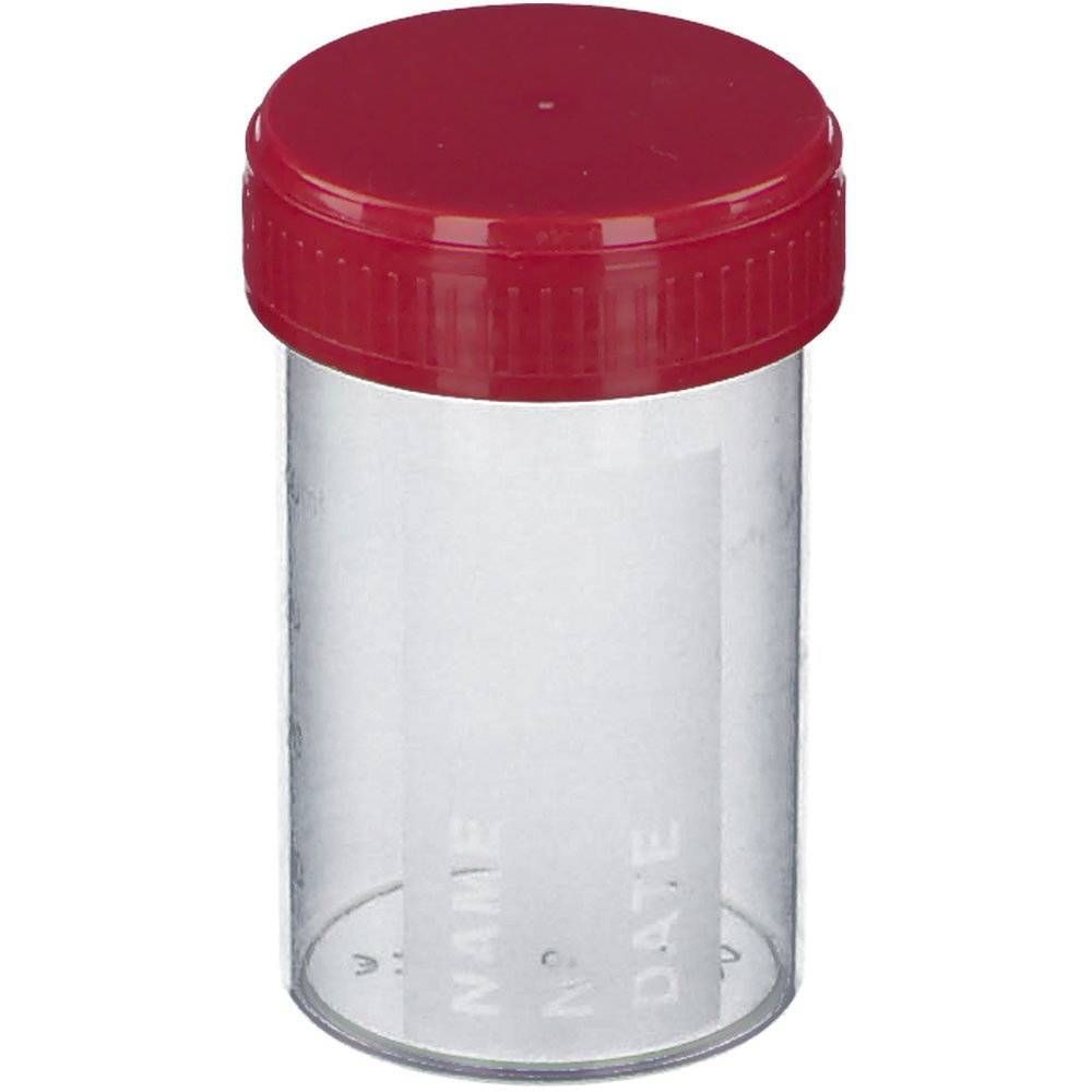 Transparante container met rode deksel. Etiket voor naam en datum. Cilindrische vorm.