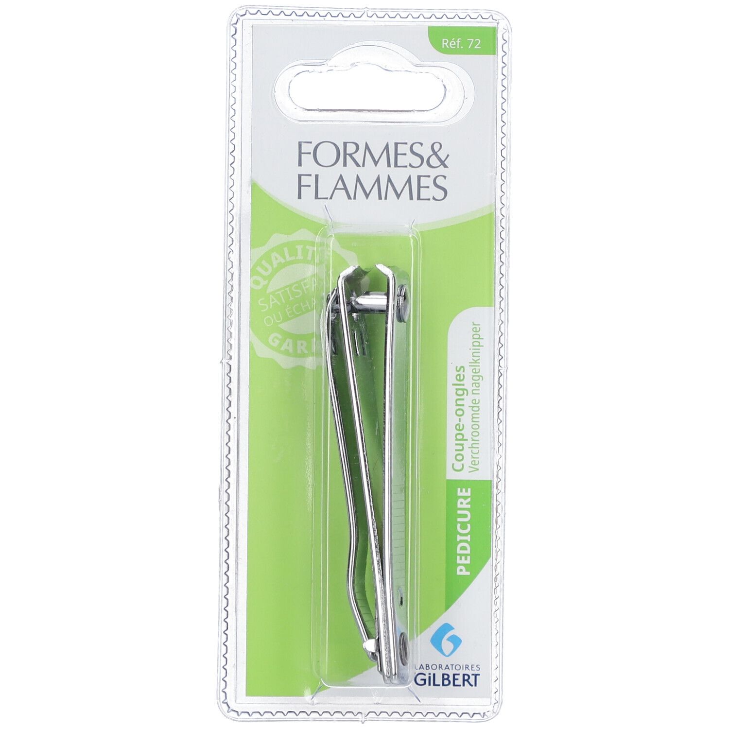 Nagelknipser in Verpackung. Chromfarbenes Metall, gebogen. Marke Formes & Flammes.