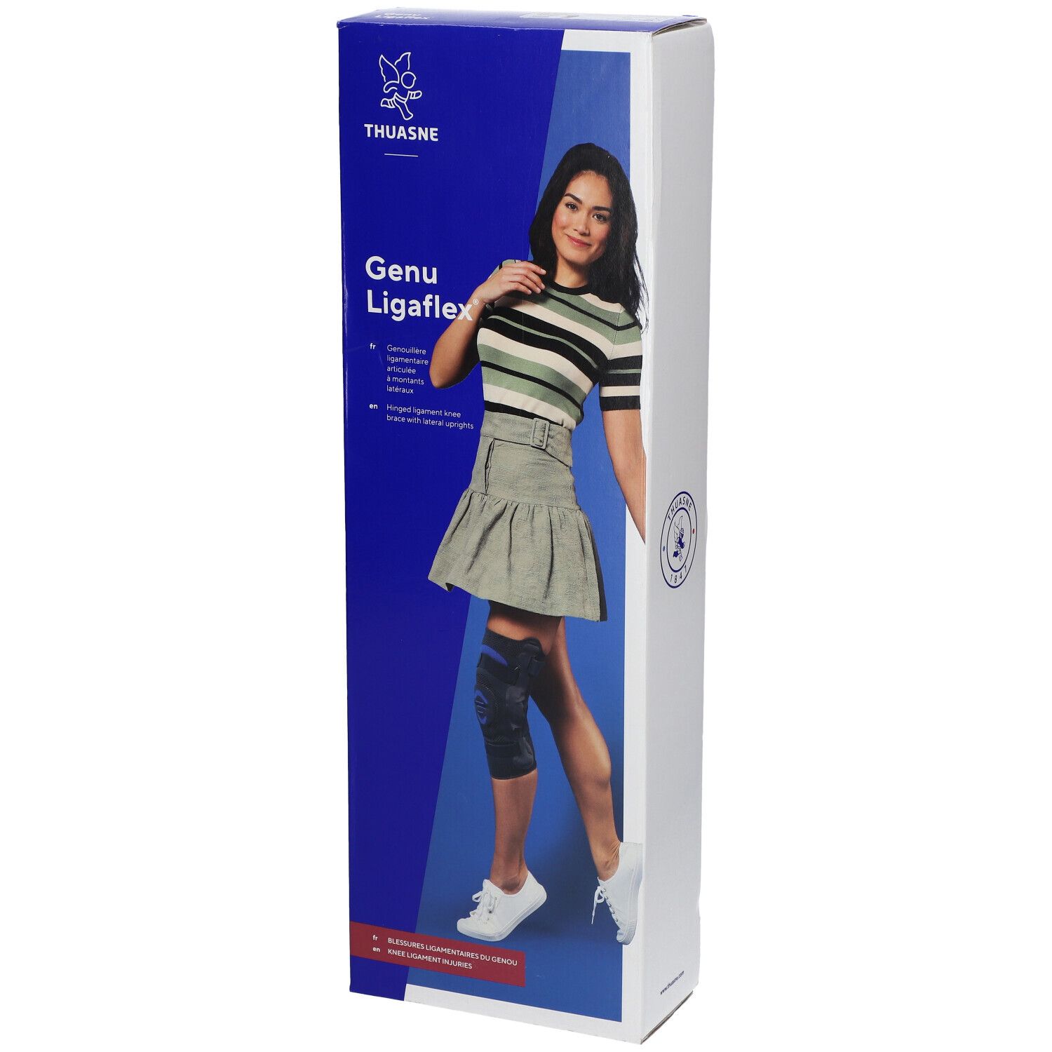 Verpackung mit Thuasne Genu Ligaflex. Frau mit Kniebandage. Blaue und weiße Verpackung mit Produktnamen und Logo.