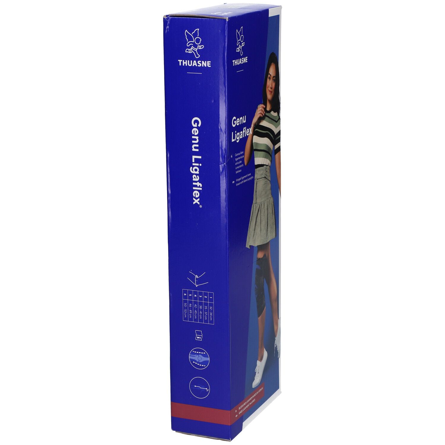 Blaue Verpackung von Thuasne Genu Ligaflex. Seitenansicht mit Produktnamen und Logo. Frau mit Kniebandage abgebildet.