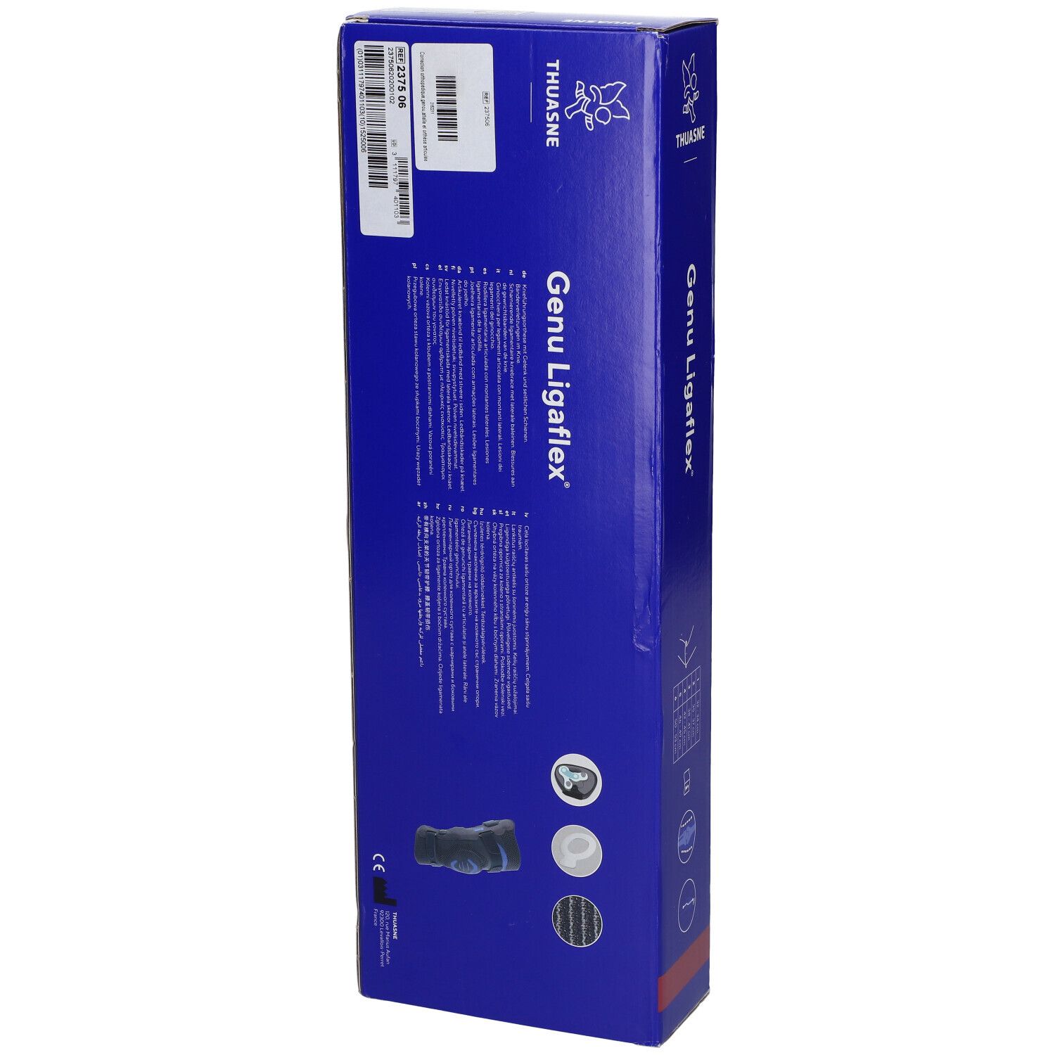 Rückseite der blauen Verpackung von Thuasne Genu Ligaflex. Text, Logos und Produktabbildung. CE-Kennzeichnung.