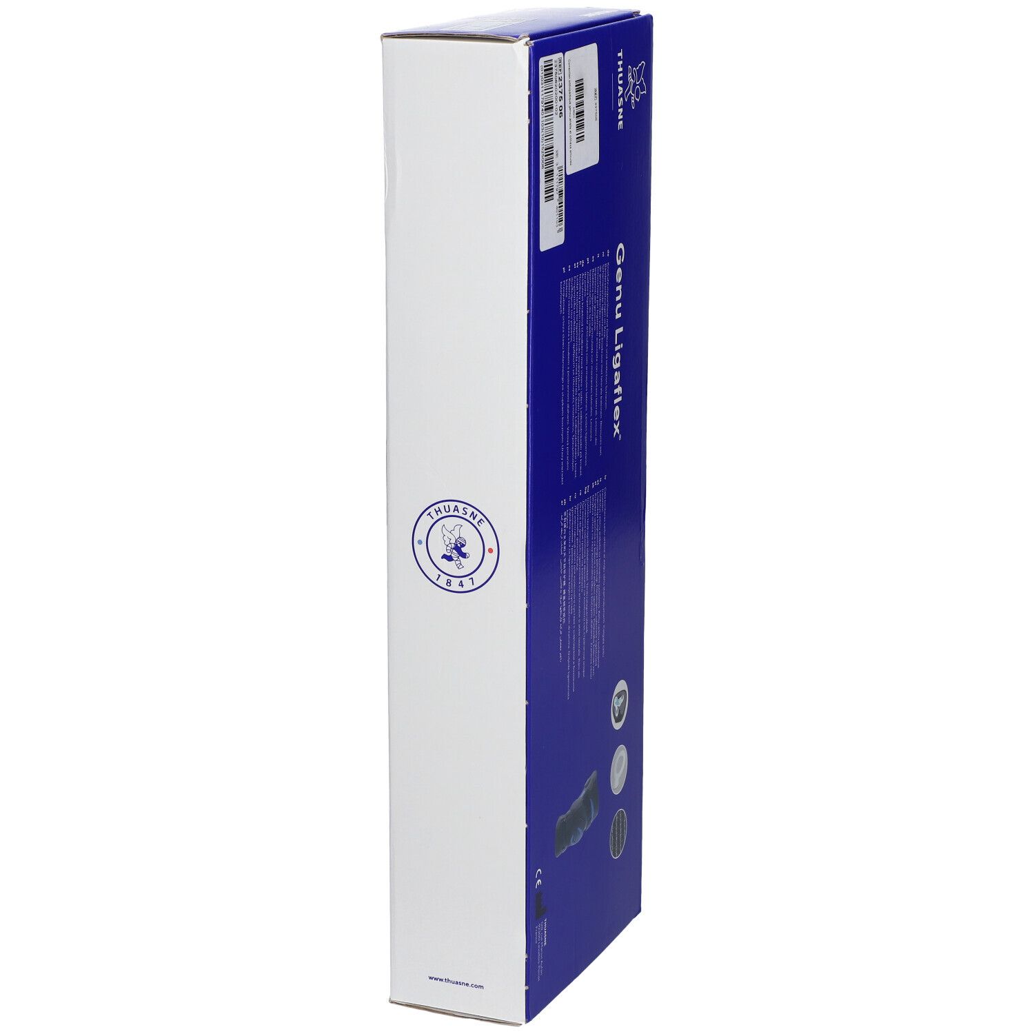 Seitenansicht der Verpackung von Thuasne Genu Ligaflex. Blaue Verpackung mit Produktnamen und Logo. Weiße Oberfläche.