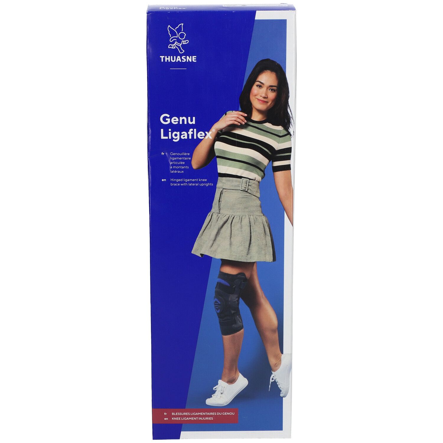 Verpackung von Thuasne Genu Ligaflex. Frau mit Kniebandage. Blaue und weiße Verpackung mit Produktnamen und Logo.