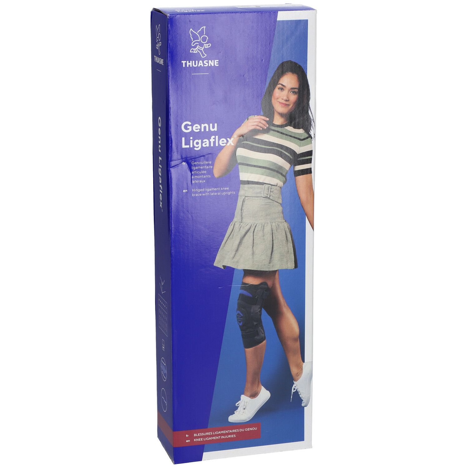 Verpackung von Thuasne Genu Ligaflex. Frau mit Kniebandage. Blaue und weiße Verpackung mit Produktnamen und Logo.