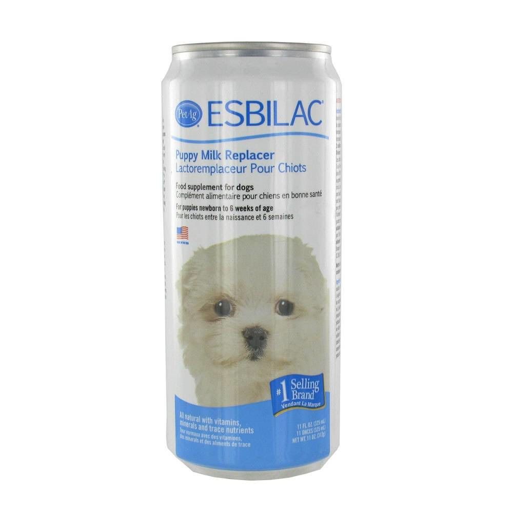 Boîte ESBILAC®. Boîte blanche et bleue avec image de chiot. Texte: Puppy Milk Replacer. 1 Selling Brand.