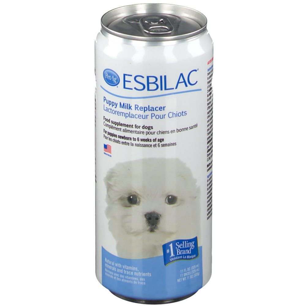 Boîte ESBILAC®. Boîte blanche et bleue avec image de chiot. Texte: Puppy Milk Replacer. 1 Selling Brand. Ouverte.