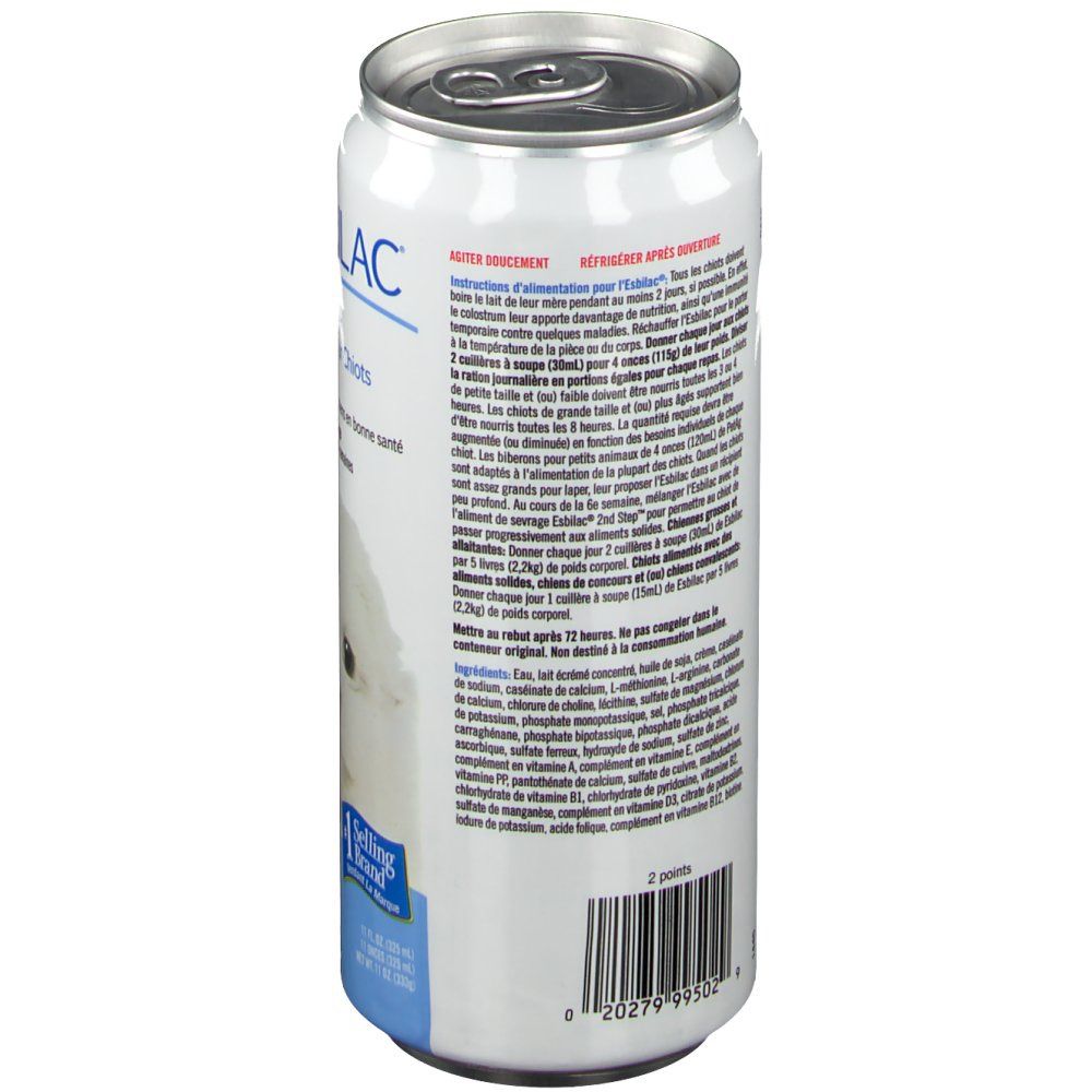 Boîte ESBILAC®. Dos. Texte: Ingrédients, instructions d'alimentation. Code-barres. 2 points.