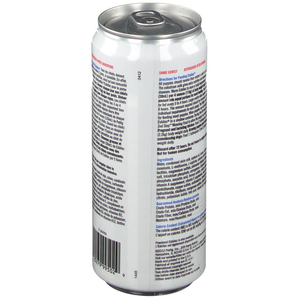 Boîte ESBILAC®. Dos. Texte: Instructions d'alimentation, informations nutritionnelles. Code-barres.
