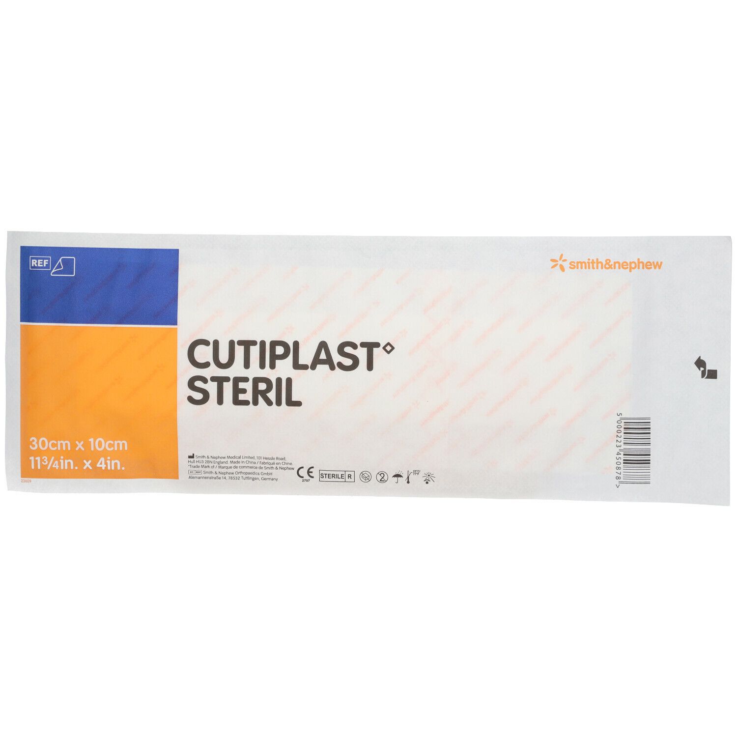 Emballage Cutiplast Steril. Dimensions : 30cm x 10cm. Marque Smith & Nephew. Contient le marquage CE.