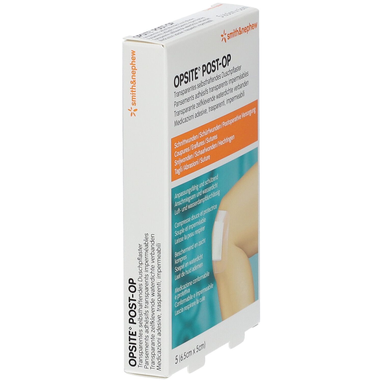 Vue latérale de la boîte OPSITE POST-OP. Marque Smith & Nephew. Texte multilingue. 5 pansements, 6,5 cm x 5 cm.