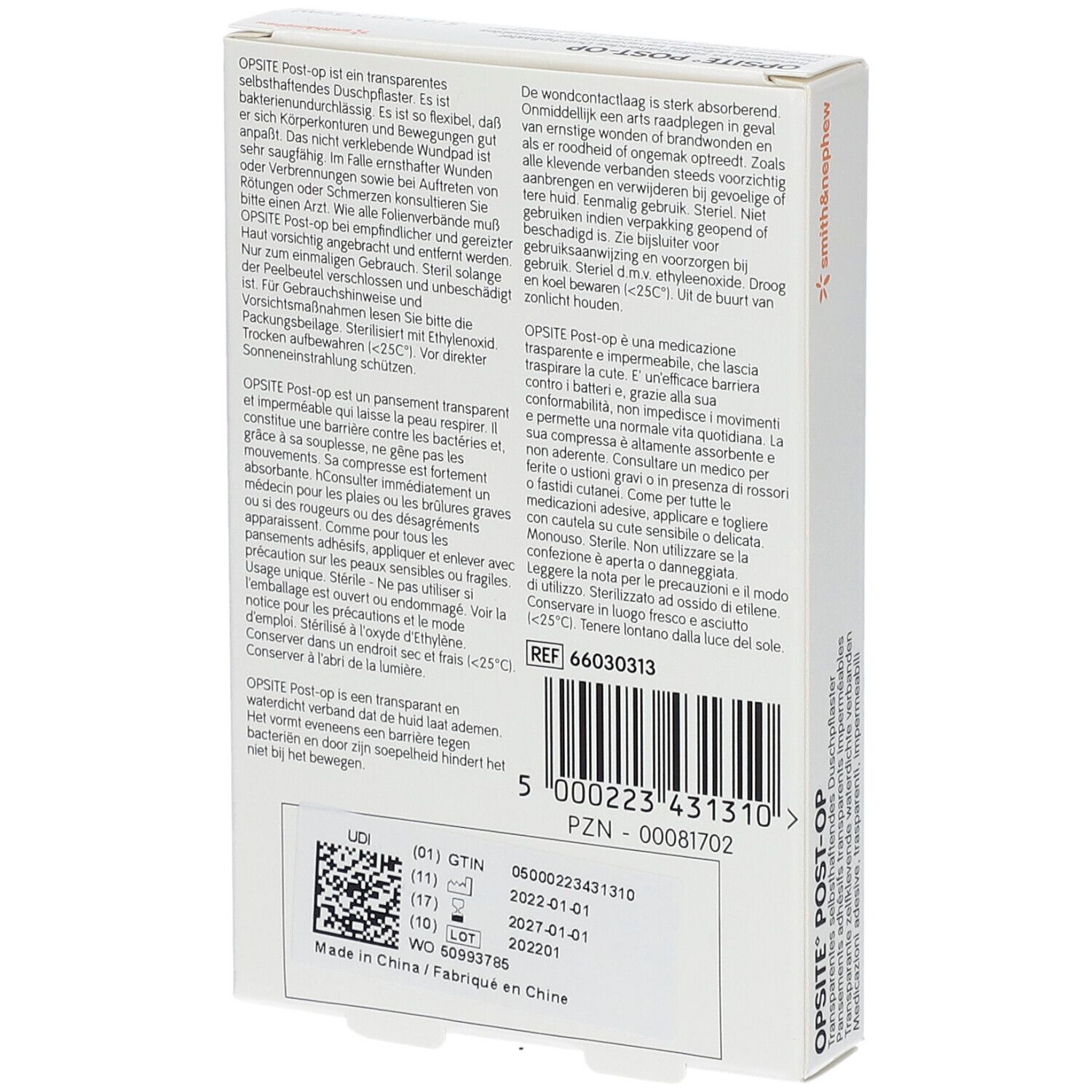 Dos de la boîte OPSITE POST-OP. Texte multilingue. Code-barres et numéro de lot. Marque Smith & Nephew.