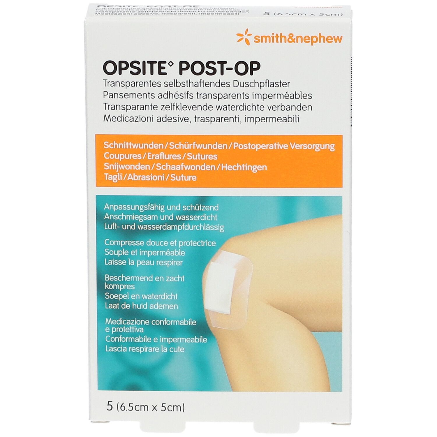Boîte OPSITE POST-OP. 5 pansements, 6,5 cm x 5 cm. Marque Smith & Nephew. Illustration d'un pansement sur la peau.