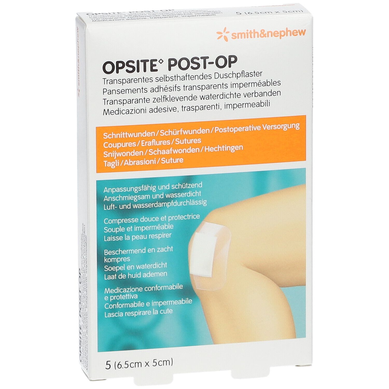 Boîte OPSITE POST-OP. 5 pansements, 6,5 cm x 5 cm. Marque Smith & Nephew. Illustration d'un pansement sur la peau.