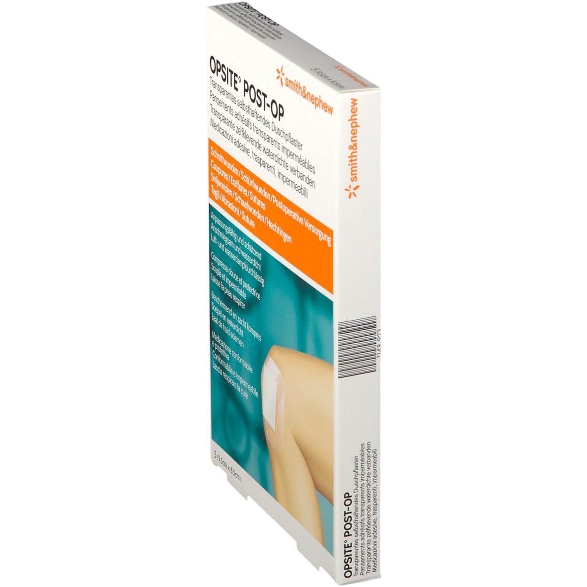Emballage OPSITE® POST-OP, vue latérale. Marque : Smith & Nephew. Contient des pansements. Dimensions : 9,5x8,5cm.