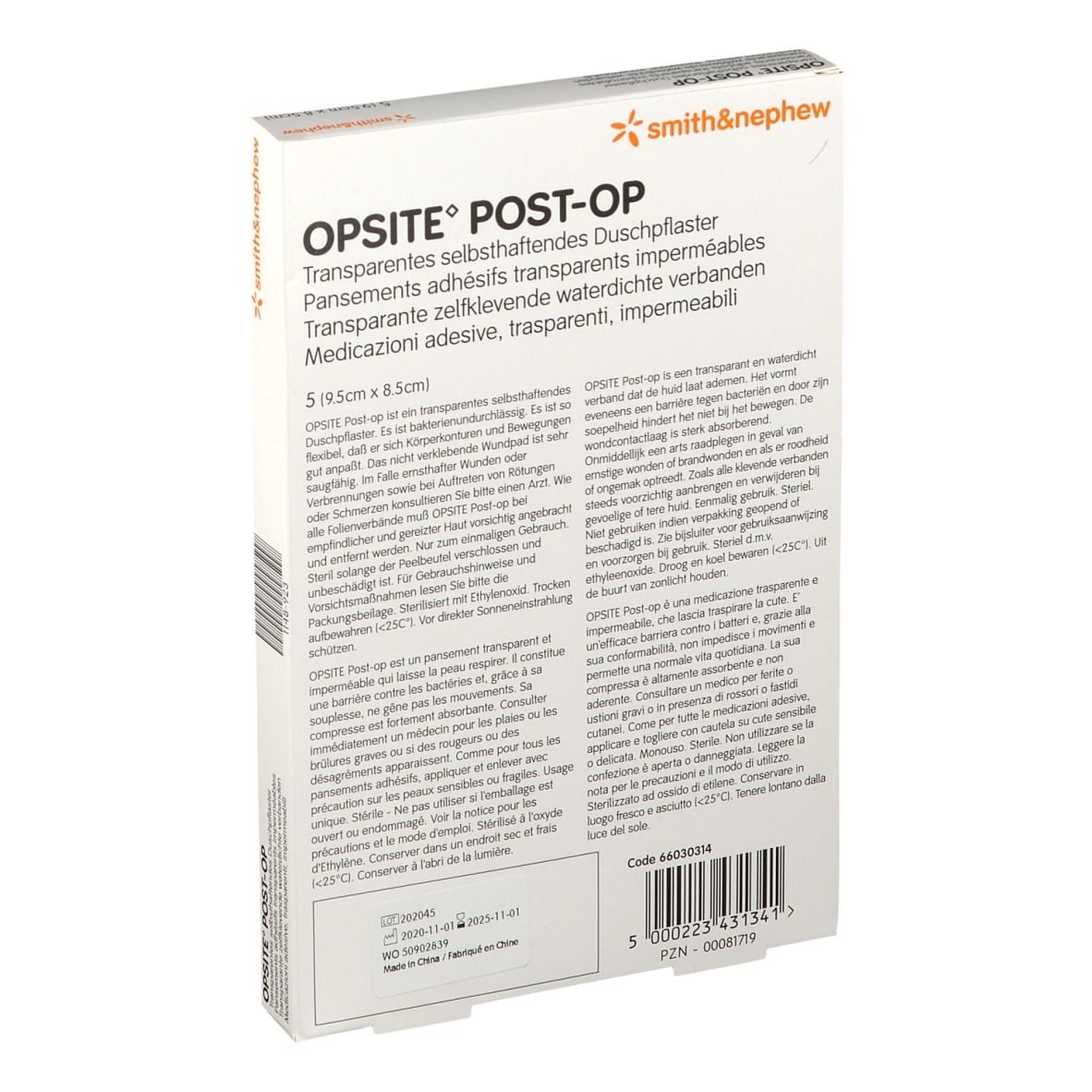 Dos de l'emballage OPSITE® POST-OP. Texte multilingue. Marque : Smith & Nephew. Code 44000334.