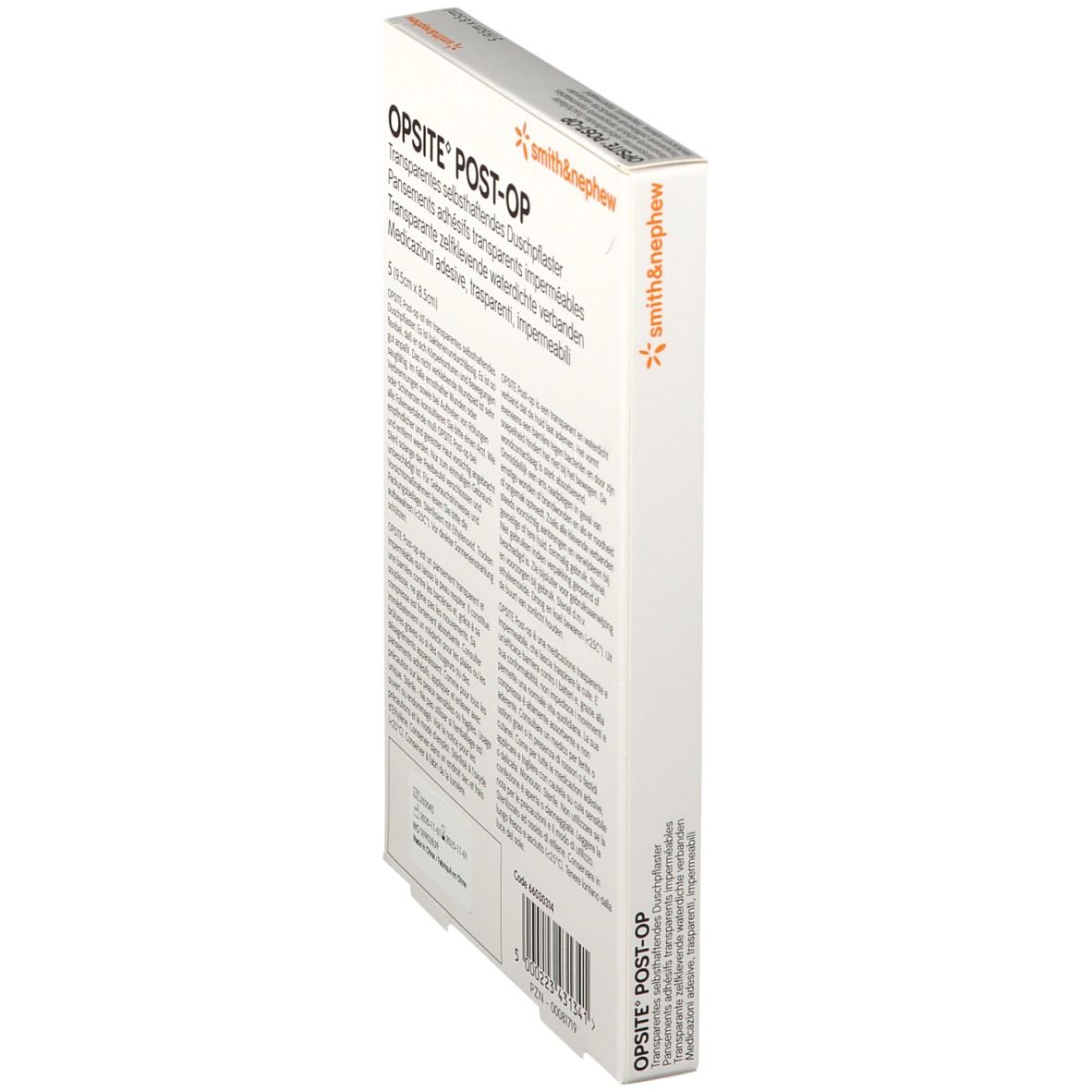 Vue latérale de l'emballage OPSITE® POST-OP. Texte multilingue. Marque : Smith & Nephew.