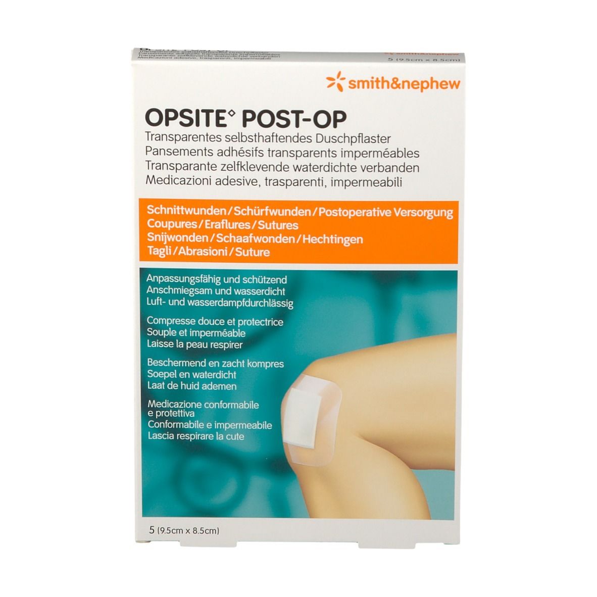Emballage de pansements OPSITE® POST-OP. Un pansement est appliqué sur un genou. Dimensions : 9,5x8,5cm. Marque : Smith & Nephew.