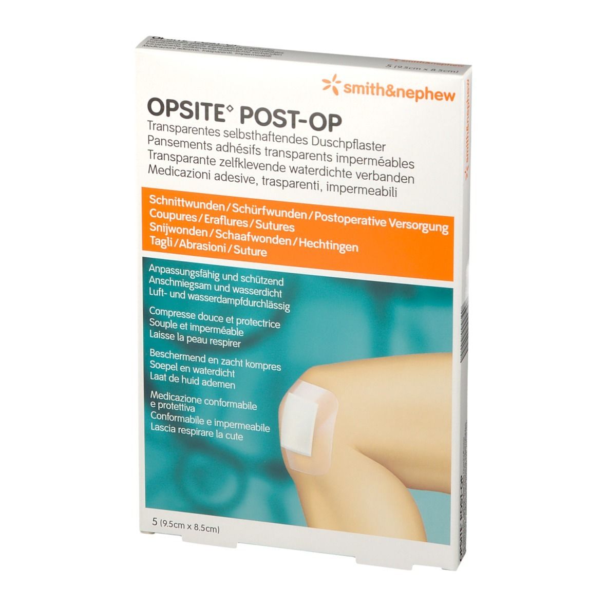 Emballage de pansements OPSITE® POST-OP. Un pansement est appliqué sur un genou. Dimensions : 9,5x8,5cm. Marque : Smith & Nephew.