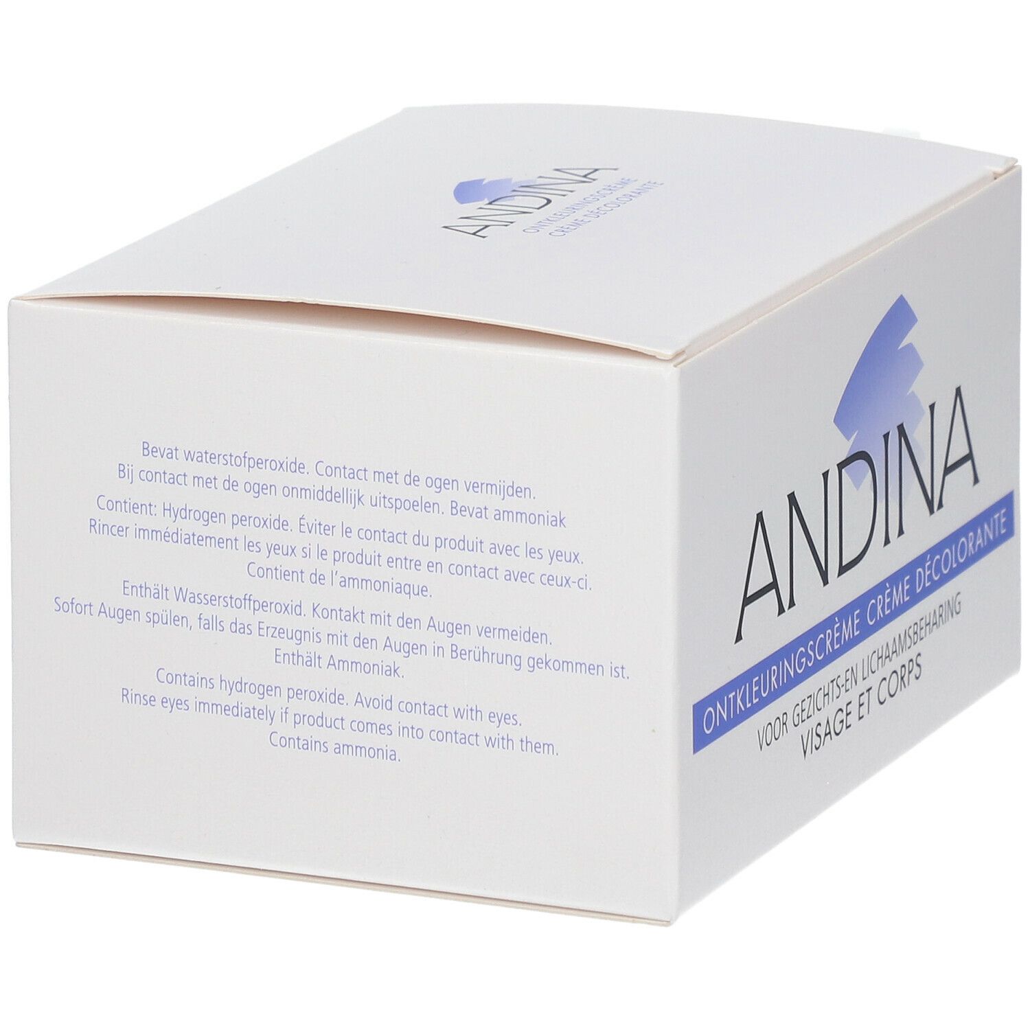 Boîte blanche avec logo bleu et texte ANDINA. Texte au dos : Ontkleuringscrème, Crème Décolorante, Visage et Corps.