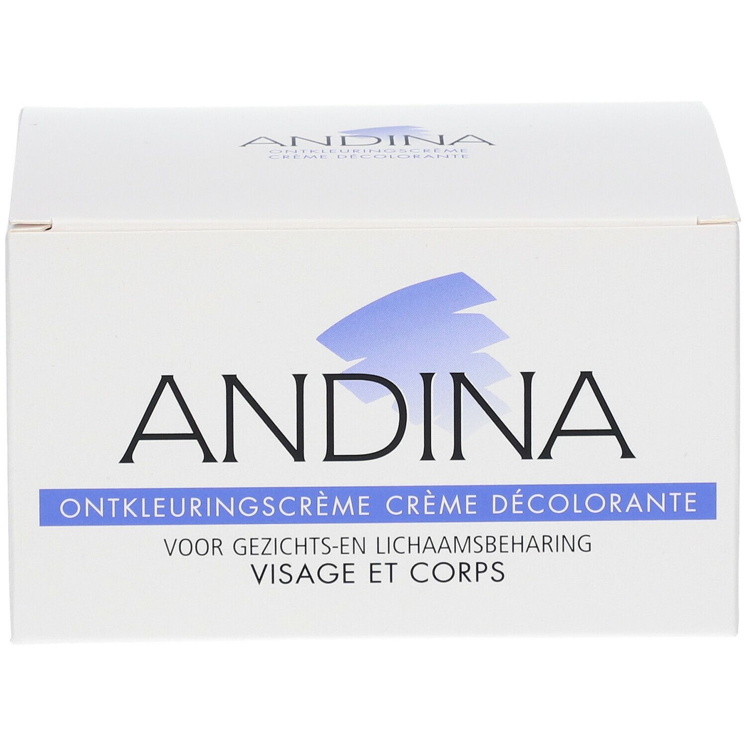 Boîte blanche avec logo bleu et texte ANDINA. Texte : Ontkleuringscrème, Crème Décolorante, Visage et Corps.