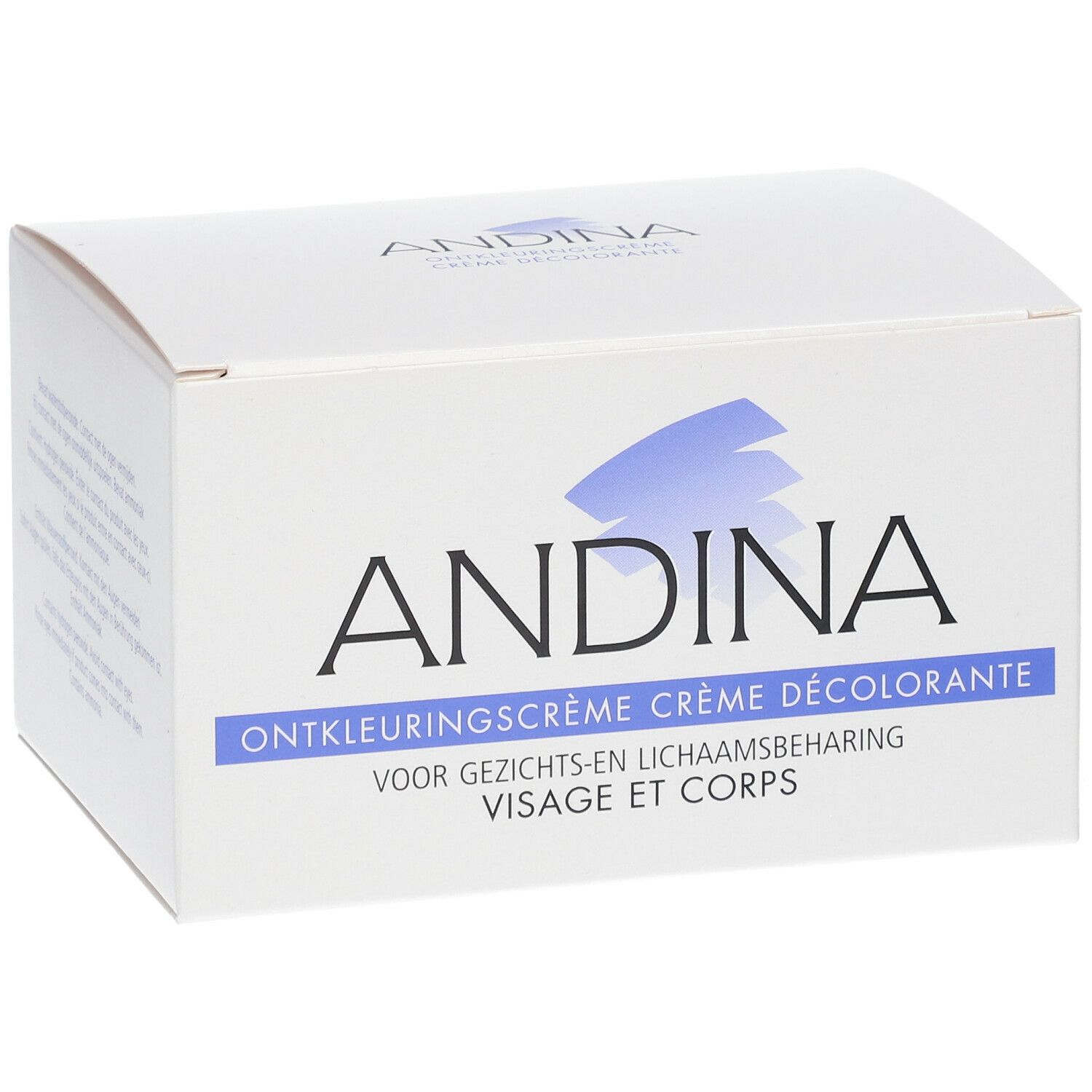 Boîte blanche avec logo bleu et texte ANDINA. Texte : Ontkleuringscrème, Crème Décolorante, Visage et Corps.