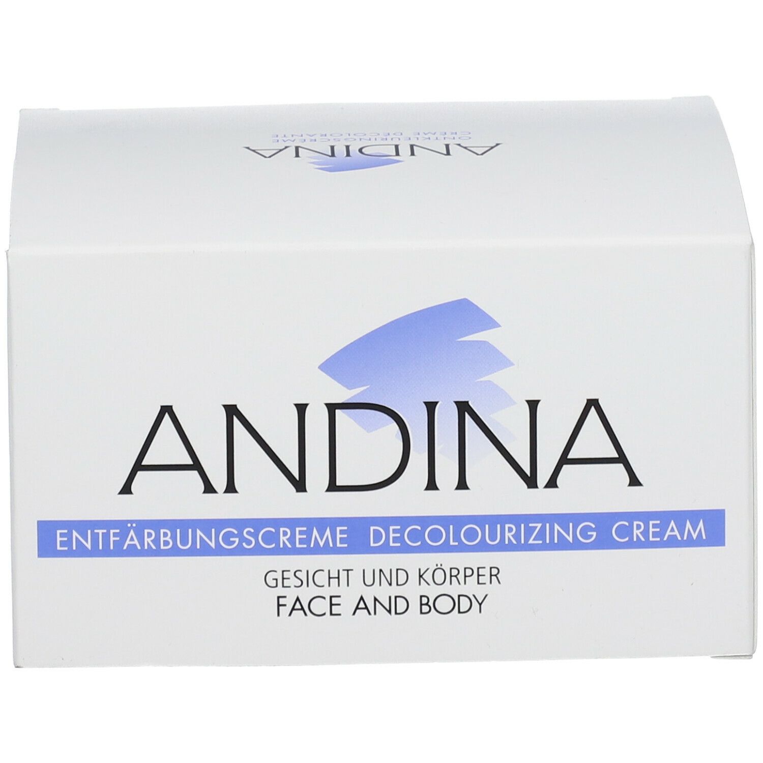 Boîte blanche avec logo bleu et texte ANDINA. Texte : Entfärbungscreme, Gesicht und Körper, Face and Body.