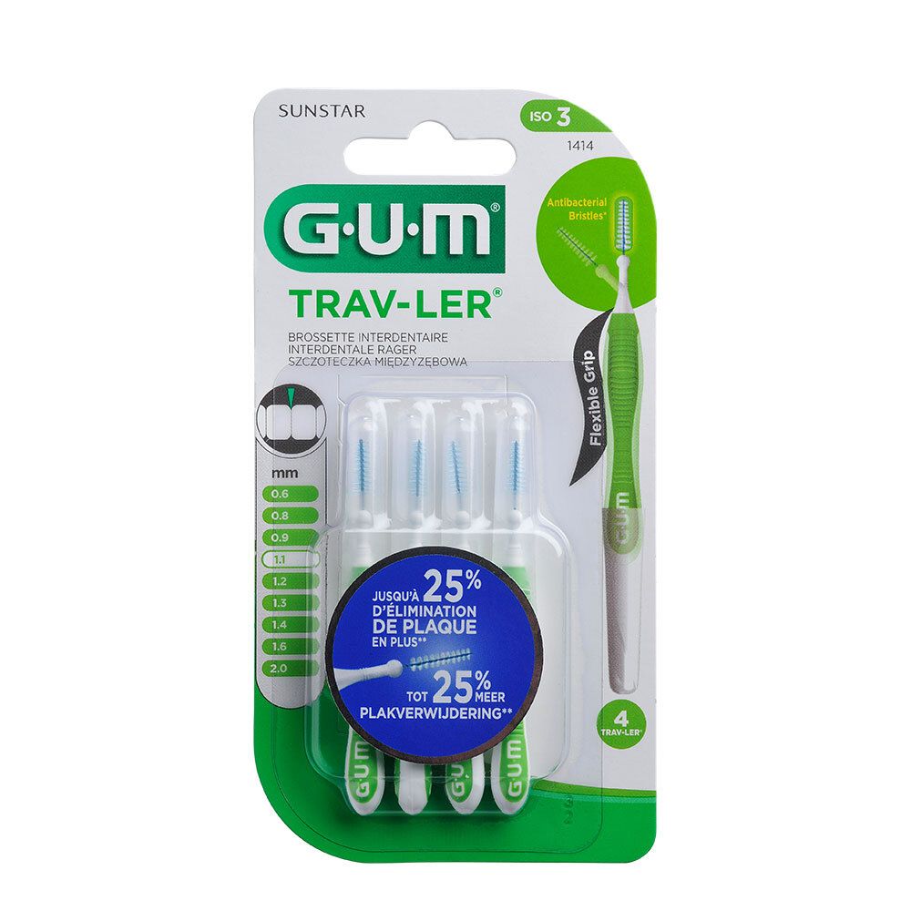 Emballage de brossettes interdentaires GUM Trav-ler. Quatre brossettes, manches verts, emballage transparent. Inscription: 25% d'élimination de plaque en plus.