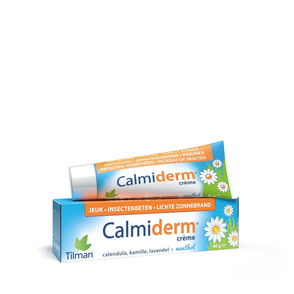 Calmiderm crèmetube en doos. Opschrift voor irritaties, jeuk, insectenbeten. Doos en tube.
