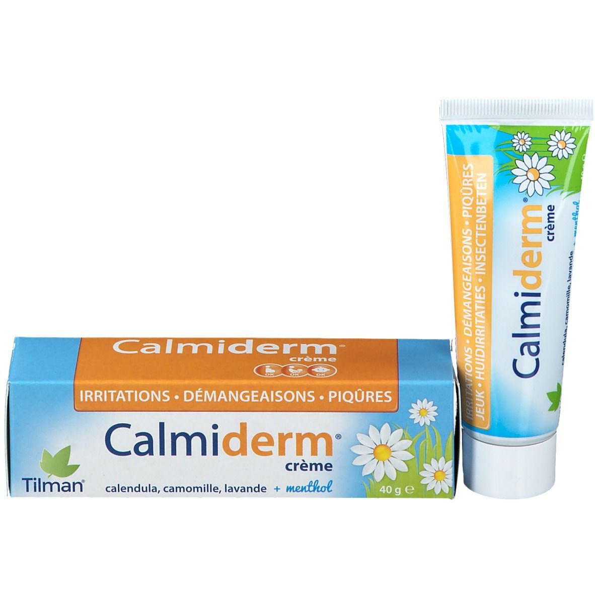 Tube et boîte de crème Calmiderm. Inscriptions pour irritations, démangeaisons, piqûres. Boîte de 40g.