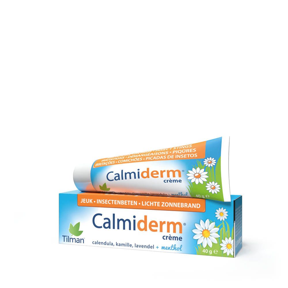 Calmiderm crèmetube en doos. Opschrift voor irritaties, lichte zonnebrand. Doos en tube.