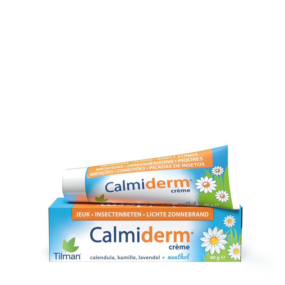 Calmiderm crèmetube en doos. Opschrift voor irritaties, lichte zonnebrand. Doos en tube.