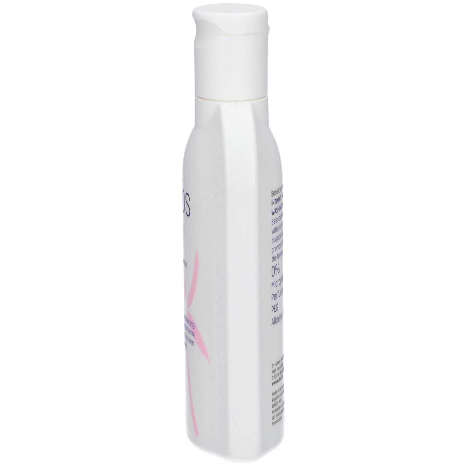 Weiße Flasche, Seitenansicht. Text: INTIMATE WOMAN, 0% Mikroplastik, Parfüm, PEG, alkalische Seifen. Medizinische Hautpflege.