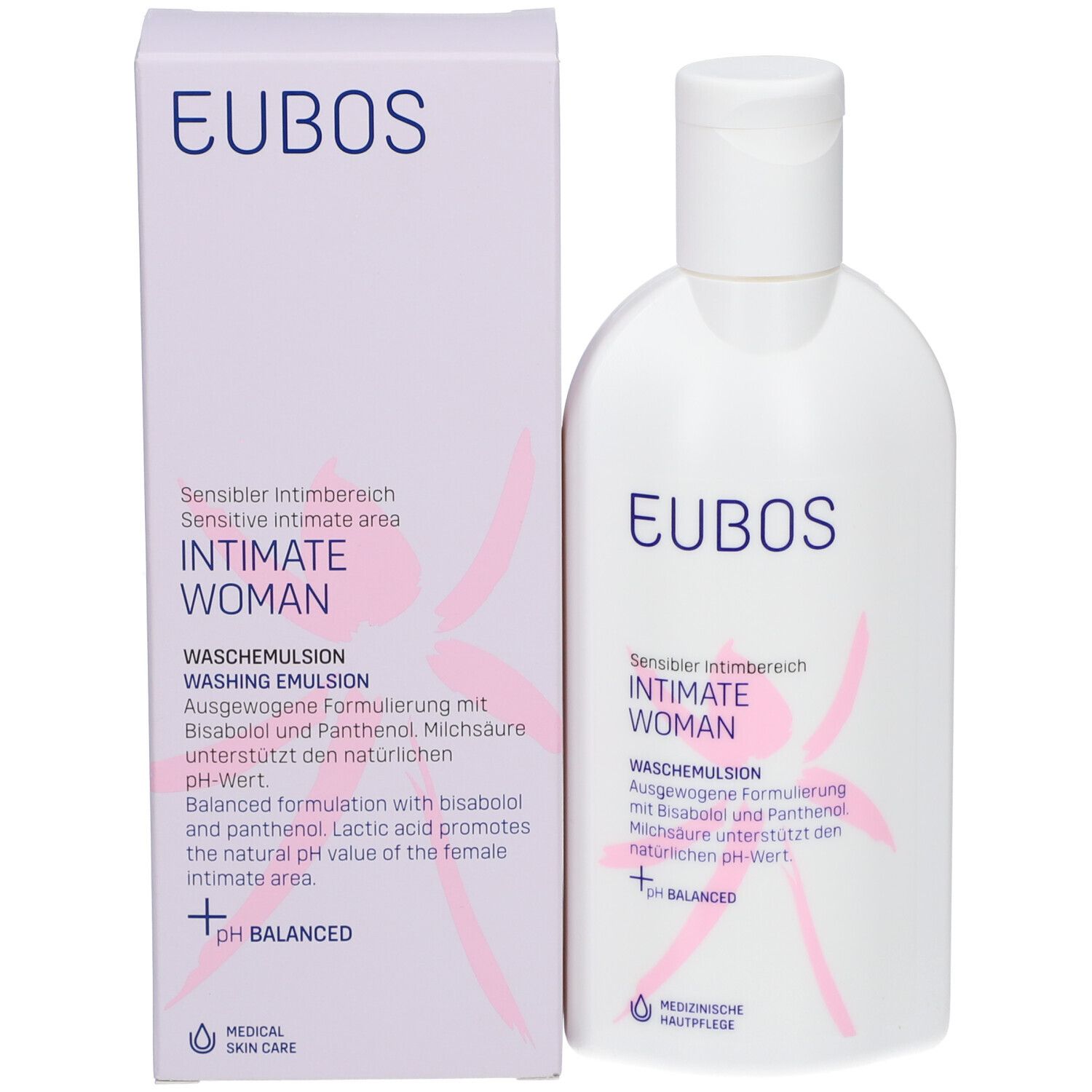 Produktverpackung und Flasche. Aufschrift: EUBOS, INTIMATE WOMAN. Rosa Grafik. Medizinische Hautpflege. pH-Wert.