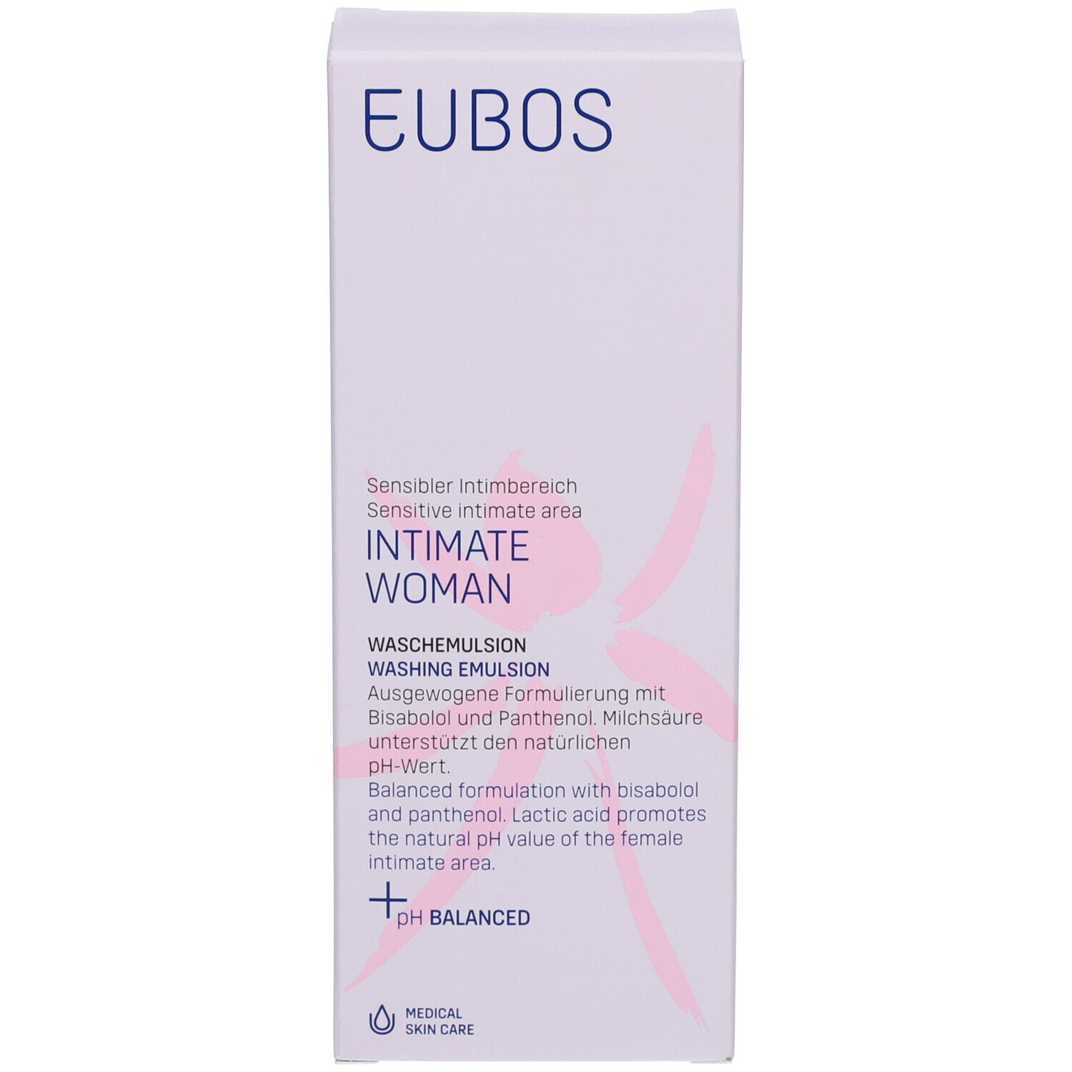 Produktverpackung. Aufschrift: EUBOS, INTIMATE WOMAN. Rosa Grafik. Medizinische Hautpflege. pH-Wert.