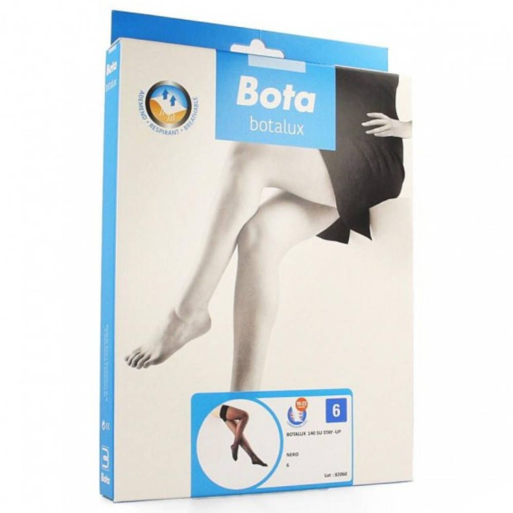 Verpakking Botalux 140 Panty Support. Afbeelding van een vrouw met panty. Maat 6, kleur zwart. Merk Bota.