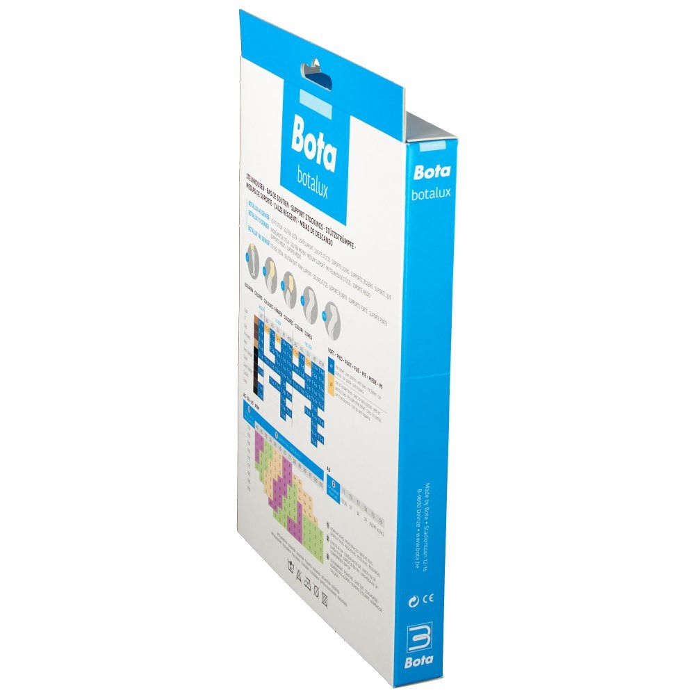 Seitenansicht der Verpackung von Bota Botalux. Tabellen mit Größenangaben.