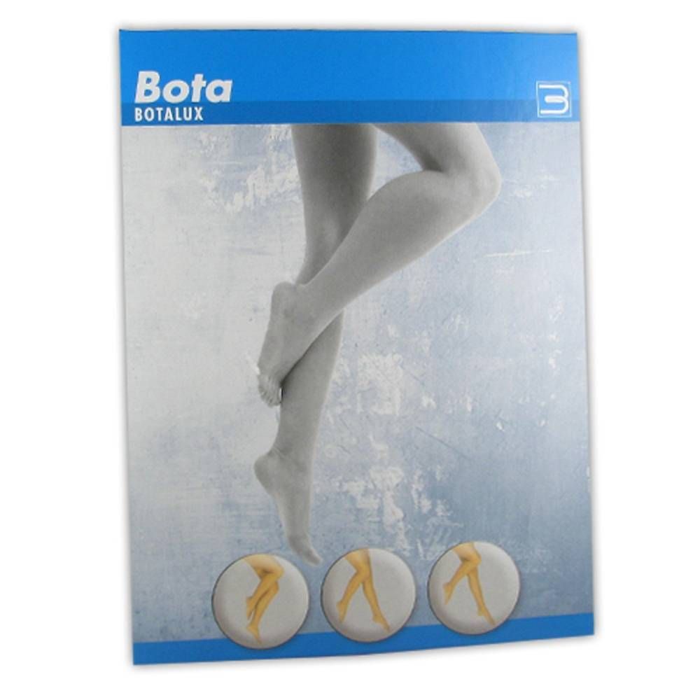 Emballage avec image de jambes en collants. Logo "Bota Botalux" en haut. Trois images rondes de jambes en bas.