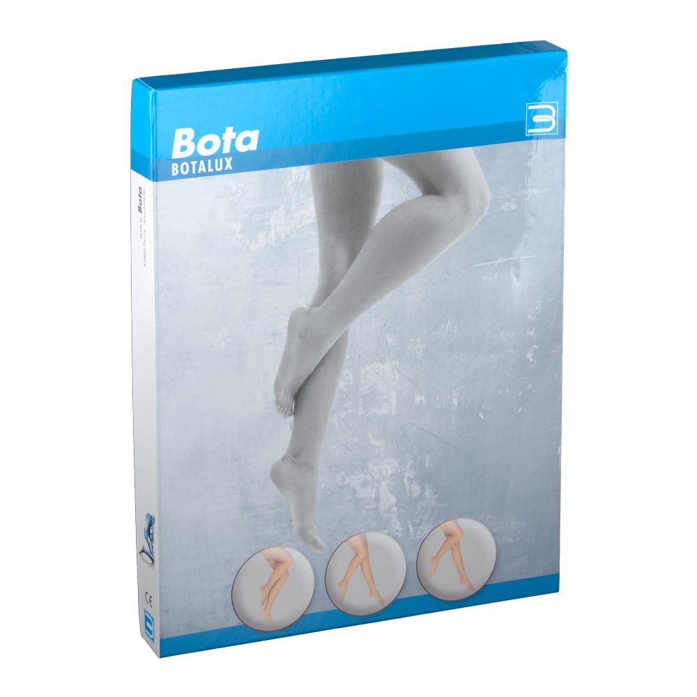 Emballage de collants Botalux. L'emballage présente une image de jambes portant des collants.