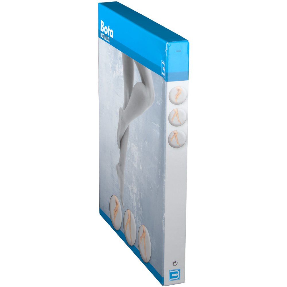 Emballage de collants Botalux. L'emballage est vu de côté, avec le nom de la marque et des illustrations du produit.