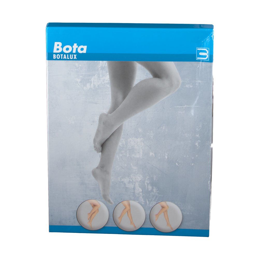 Emballage de collants Botalux. L'emballage présente une image de jambes portant des collants.