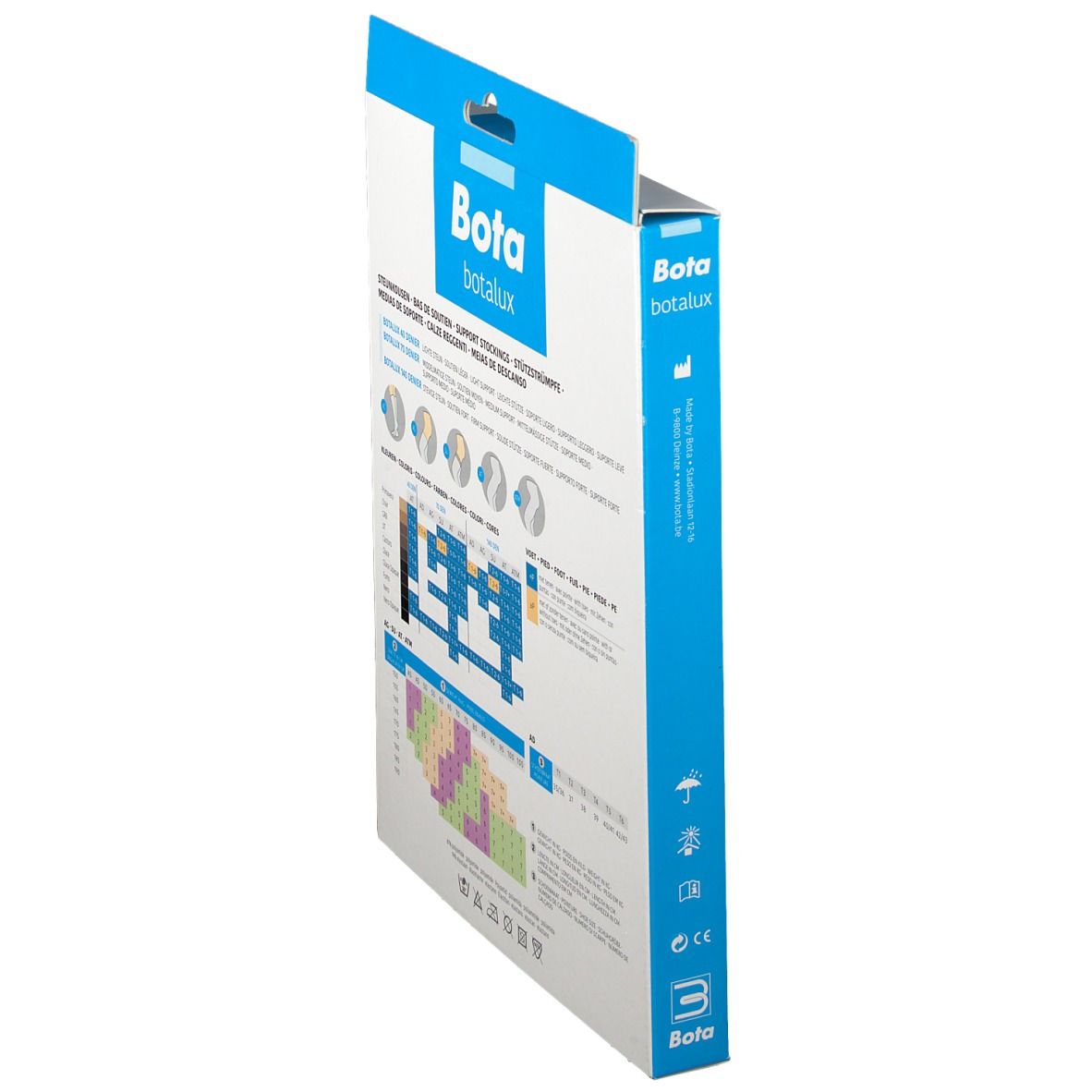Zijaanzicht van de verpakking van Botlux 140 Tights Assistance Prim N4. Productinformatie en maattabel.