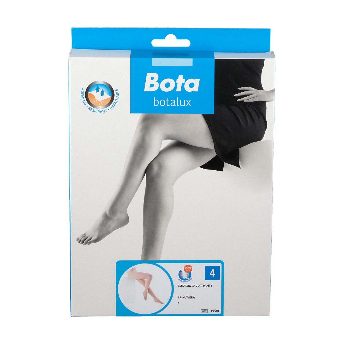 Verpakking van Botlux 140 Tights Assistance Prim N4. Afbeelding van benen. Merk Bota botalux.