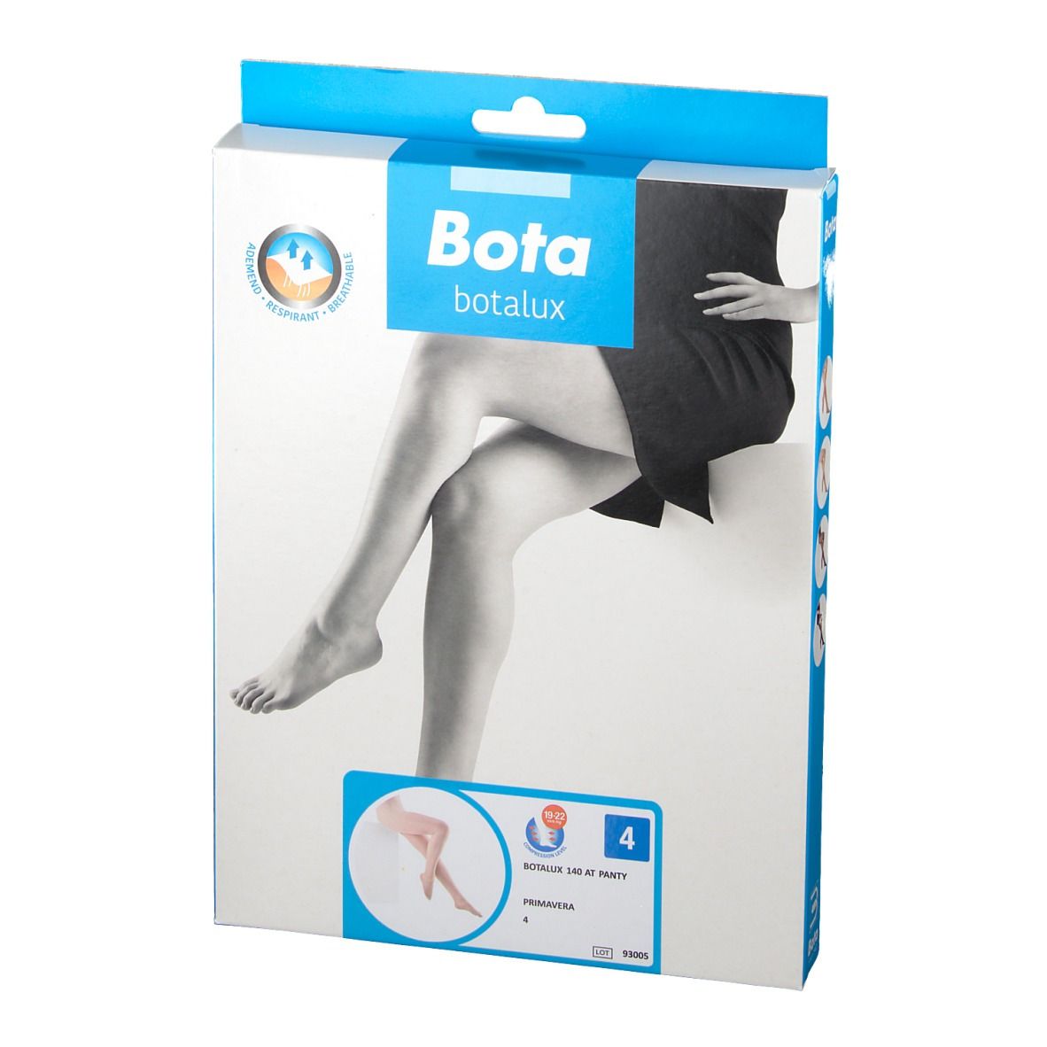 Verpakking van Botlux 140 Tights Assistance Prim N4. Afbeelding van benen. Merk Bota botalux.