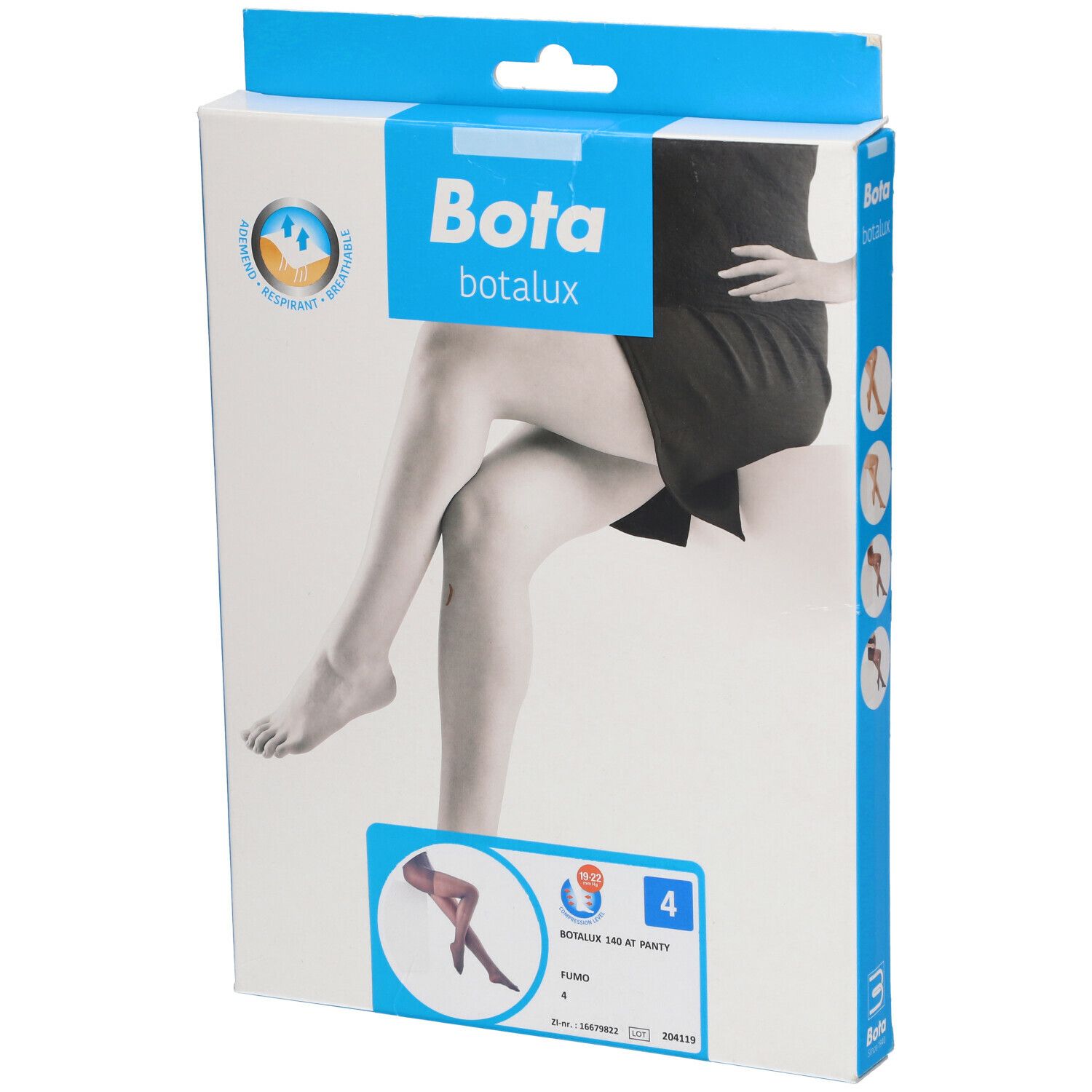 Emballage Bota. Illustration du produit. Inscription : Botalux 140 AT PANTS, couleur Fumo, taille 4.