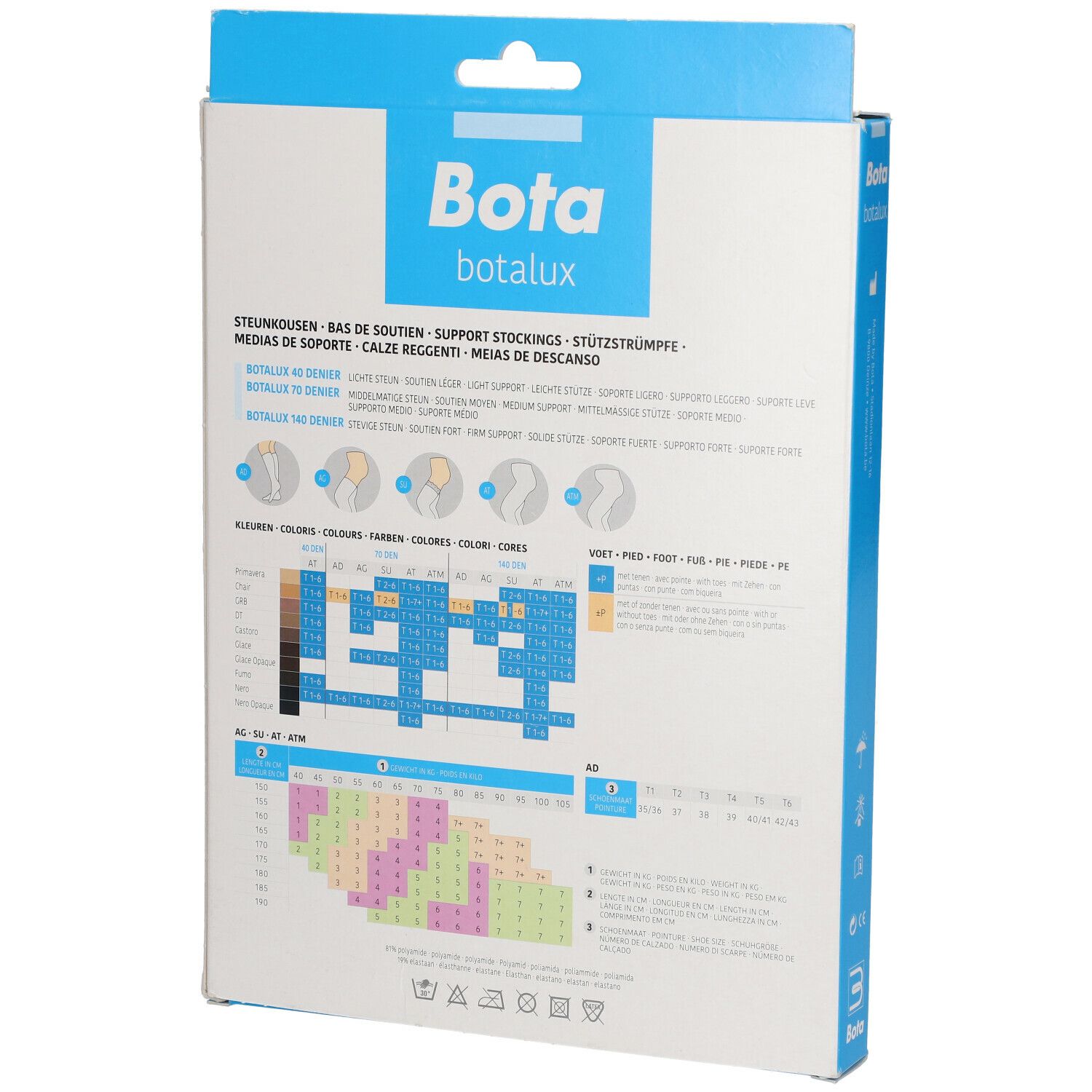 Dos de l'emballage Bota. Informations produit multilingues. Tableau des tailles et sélection de couleurs.