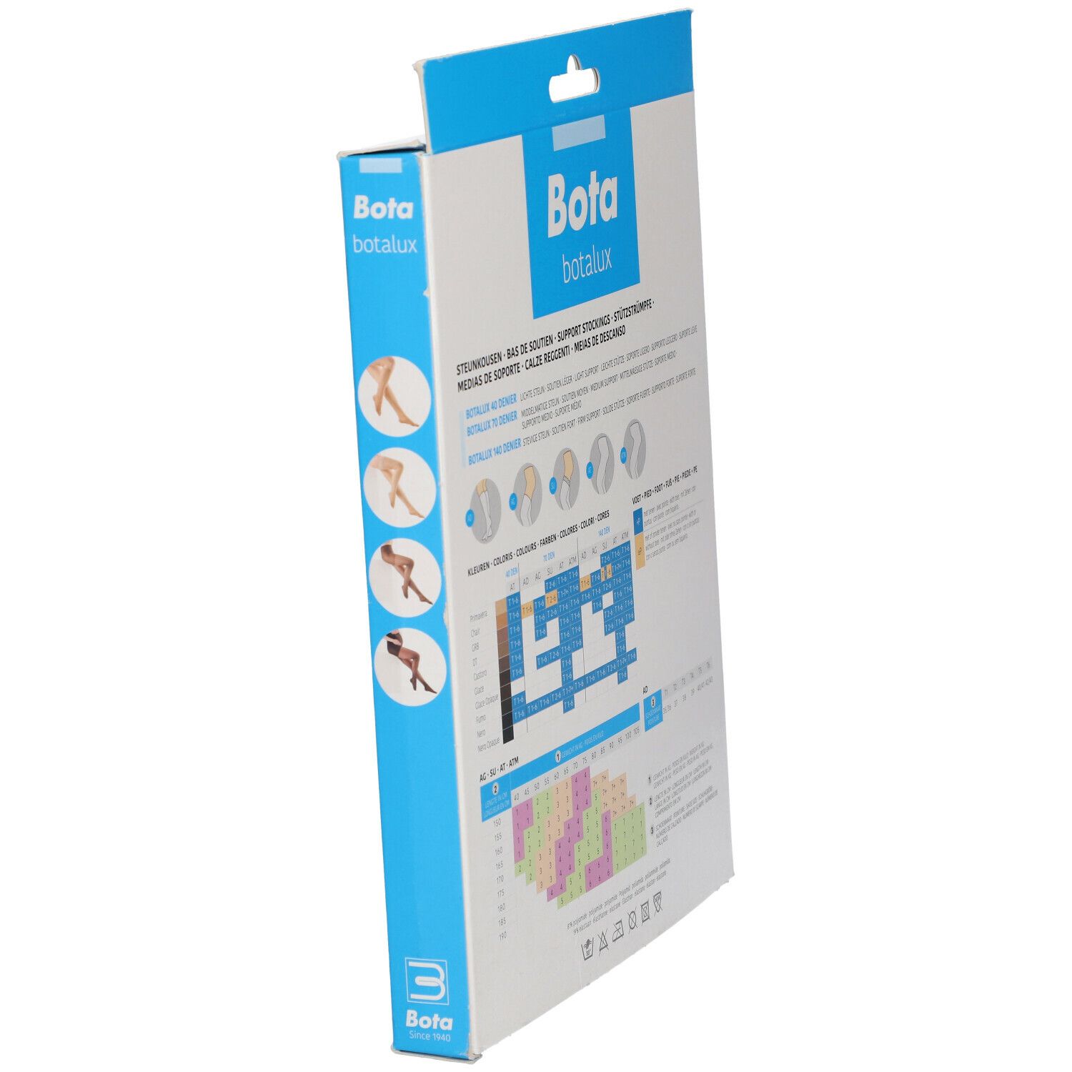 Vue latérale de l'emballage Bota. Informations produit et tableau des tailles. Textes multilingues.