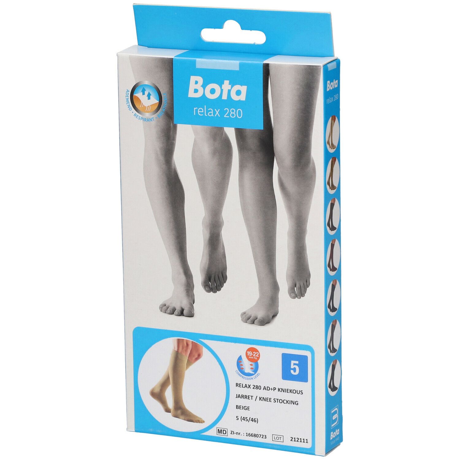 Boîte de bas genou Bota Relax 280 AD-P. Beige, taille S. Illustration de jambes et de pieds.