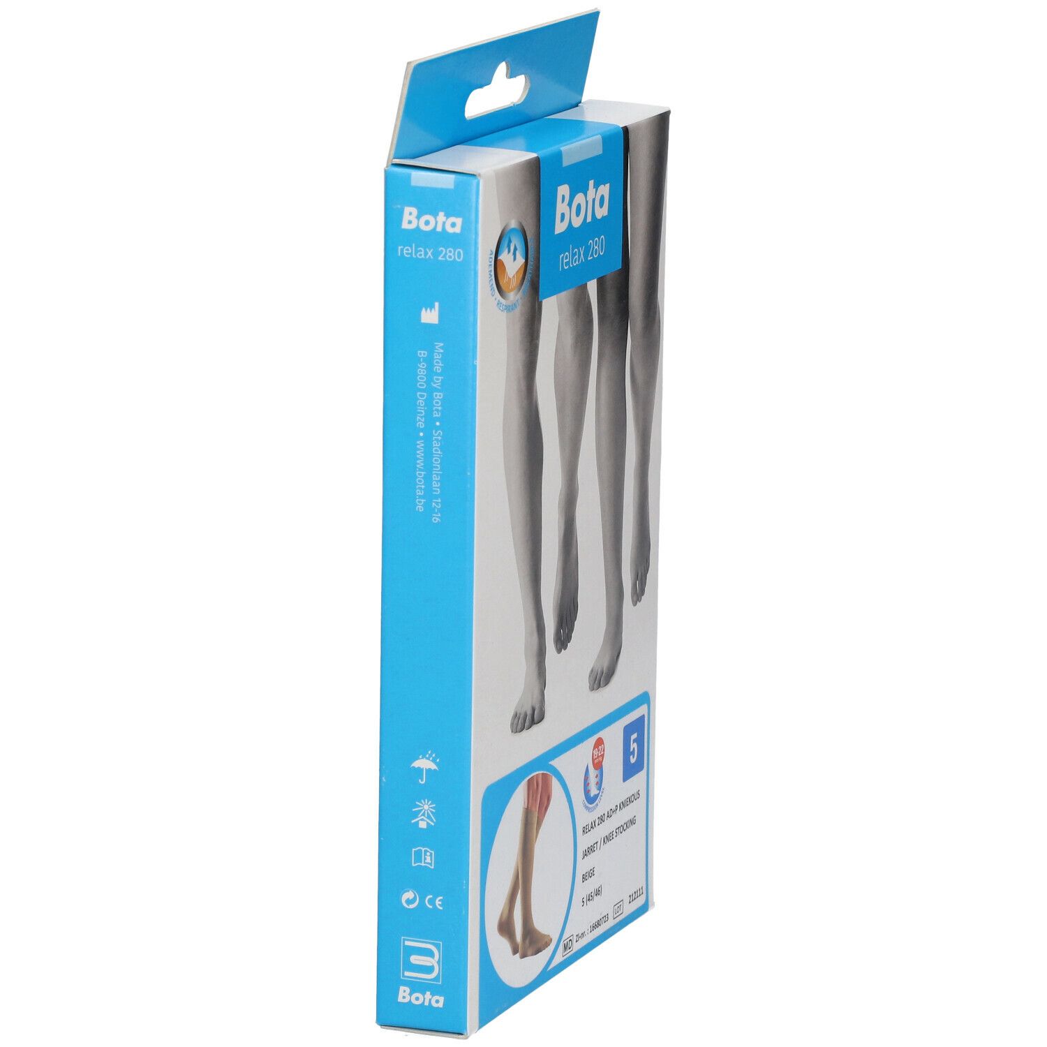 Vue latérale de l'emballage Bota Relax 280. Nom du produit, illustration de jambes, indication de taille.